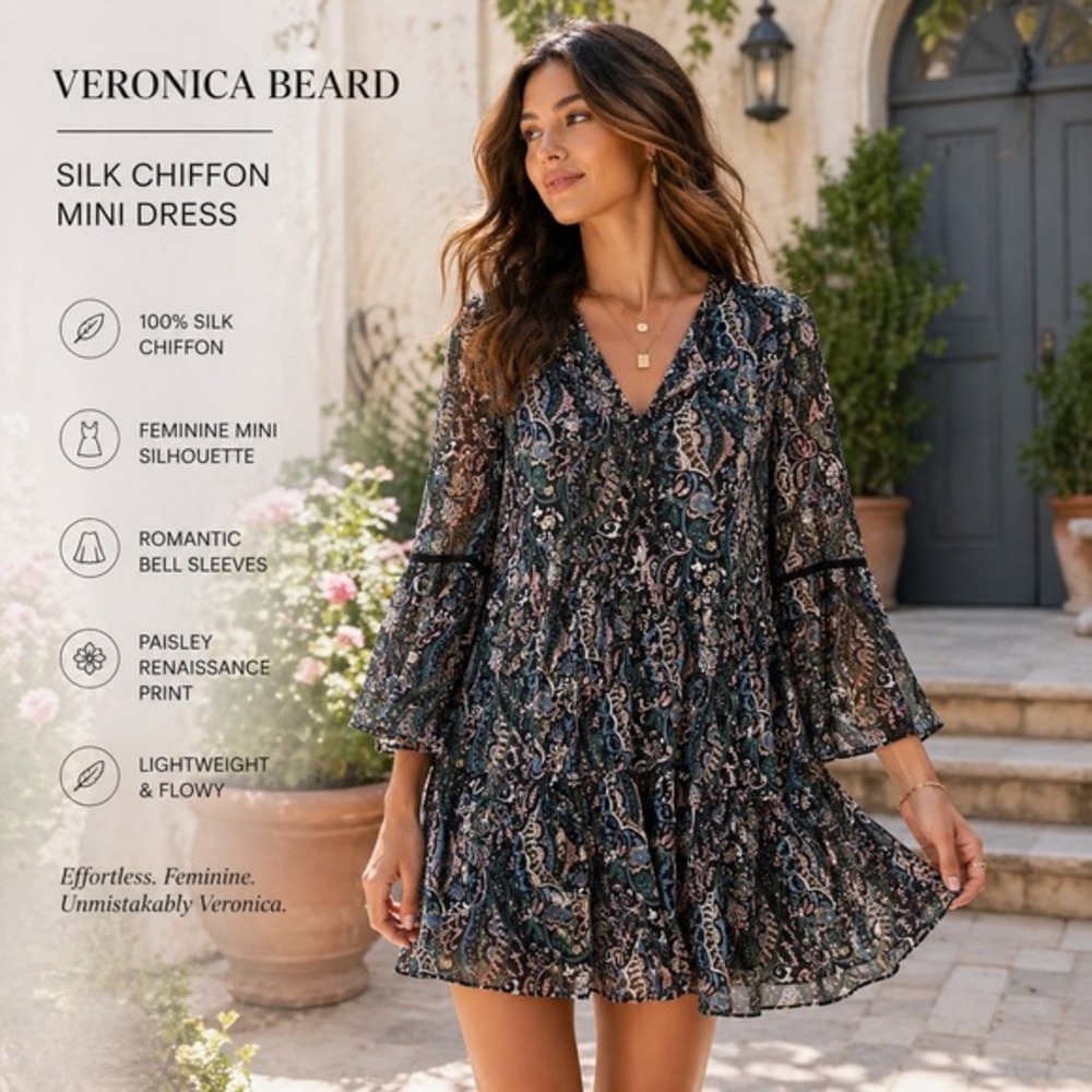 Veronica‎ Beard Silk Chiffon Mini Dress Women 2 Paisley Bell Sleeve Boho Prassnt